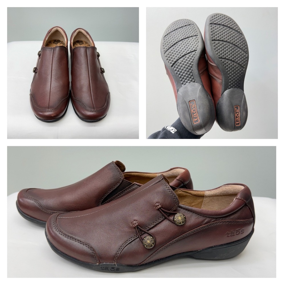 Taos Encore Womens 9.5 Brown Leather Slip On Loafers Shoes Side Button ENC-12750